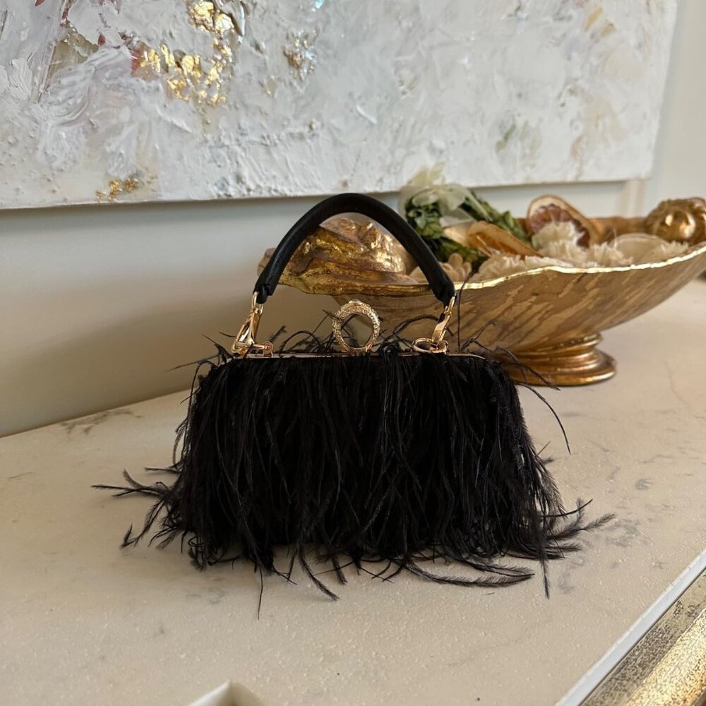 Neiman Marcus Black Ostrich Feather Clutch  Bag